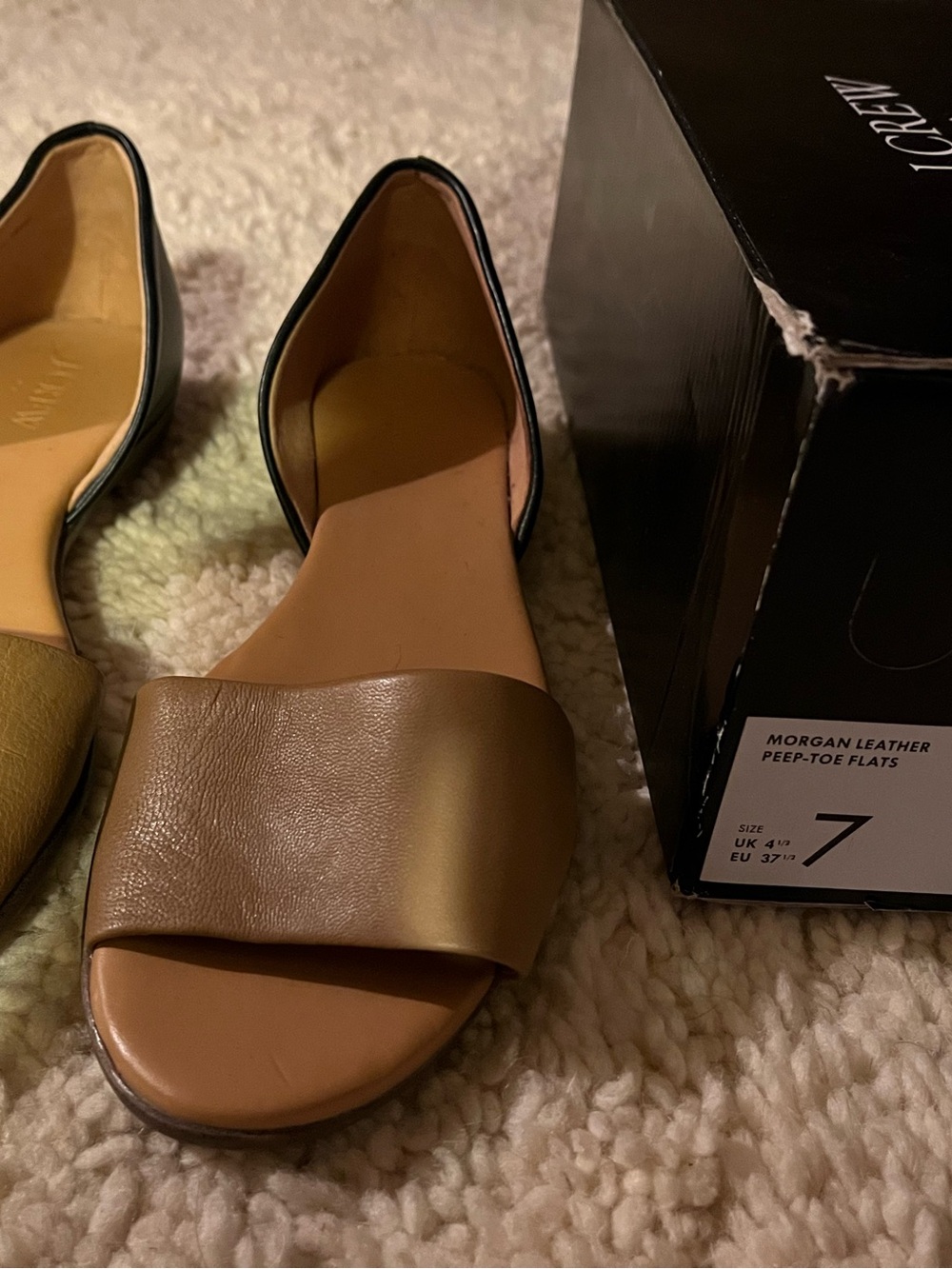 J. Crew Burnt Sienna Black Morgan Leather Peep-Toe Flats sz 7 Lite Wear w/Box Ex